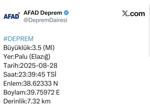 Elazığ’da 3.5 büyüklüğünde deprem
