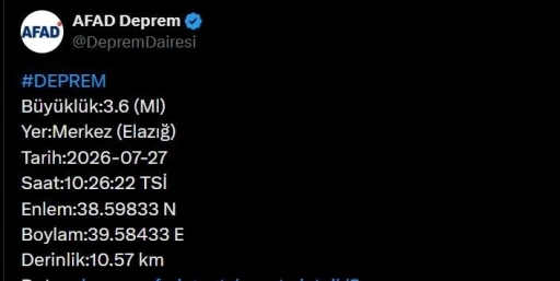 Elazığ&rsquo;da 3.6  b&uuml;y&uuml;kl&uuml;ğ&uuml;nde deprem
