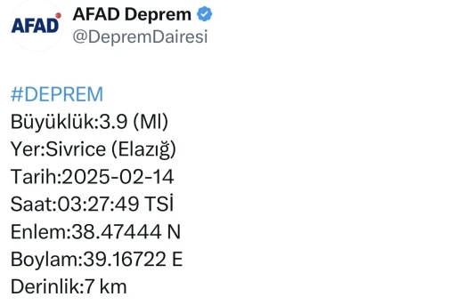 Elazığ’da 3.9 büyüklüğünde deprem
