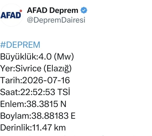 Elazığ&rsquo;da 4.0 b&uuml;y&uuml;kl&uuml;ğ&uuml;nde deprem
