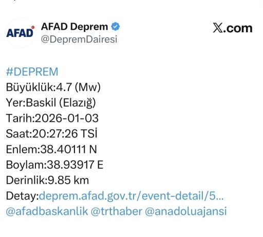 Elazığ&rsquo;da 4.7 b&uuml;y&uuml;kl&uuml;ğ&uuml;nde deprem

