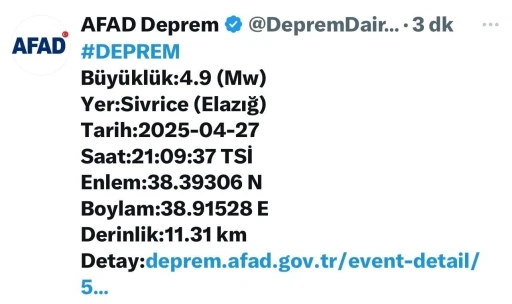 Elazığ’da 4,9 büyüklüğünde deprem
