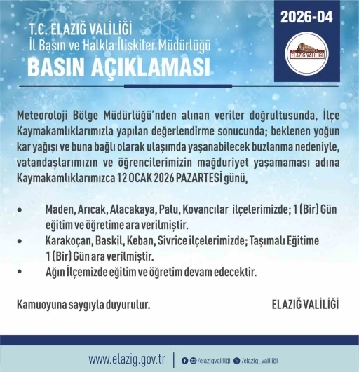 Elazığ&rsquo;da 5 il&ccedil;ede eğitim-&ouml;ğretime ara verildi
