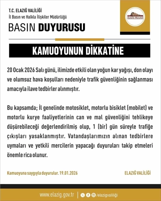Elazığ&rsquo;da motosiklet, mobilet ve motorlu kuryelerin trafik yasakları uzatıldı
