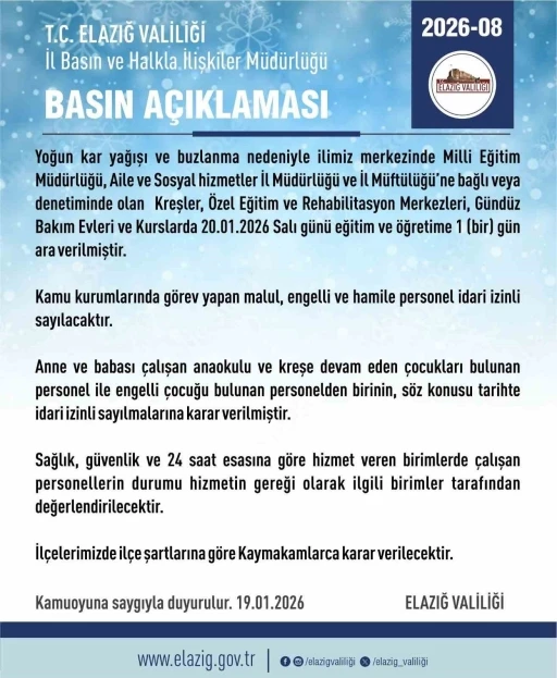 Elazığ&rsquo;da rehabilitasyon ve bakımevi kurslarına 1 g&uuml;n daha kar tatili

