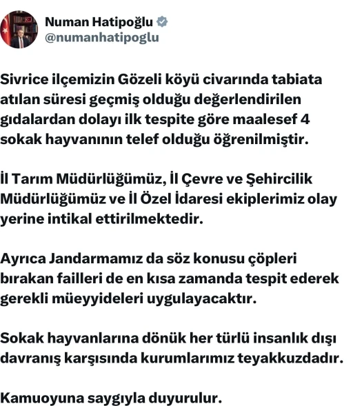 Elazığ’da sokak hayvanlarına zarar verilmesi üzerine Vali Hatipoğlu’ndan açıklama
