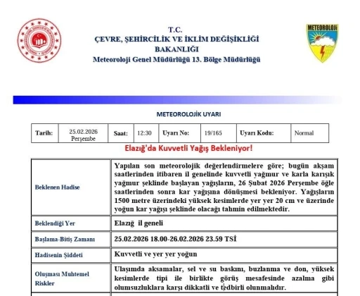Elazığ i&ccedil;in &lsquo;Kuvvetli Yağış&rsquo; uyarısı
