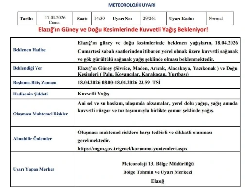 Elazığ i&ccedil;in kuvvetli yağış uyarısı
