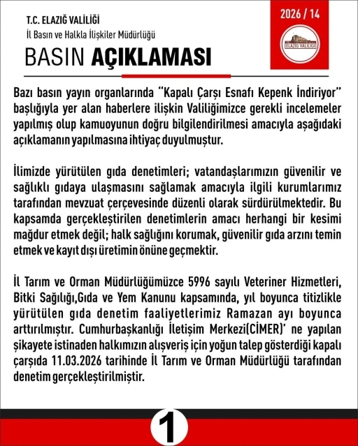 Elazığ Valiliği&rsquo;nden denetim a&ccedil;ıklaması
