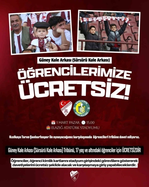 Elazığspor&rsquo;dan 17 Yaş altı taraftarlara &uuml;cretsiz bilet
