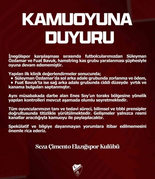 Elazığspor&rsquo;dan sakat futbolculara ilişkin a&ccedil;ıklama
