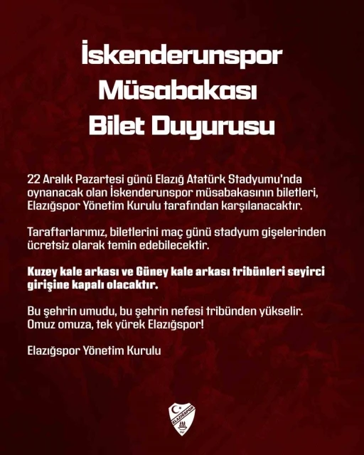 Elazığspor y&ouml;netimi, İskenderunspor ma&ccedil;ının biletlerini &uuml;cretsiz dağıtacak
