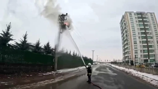 Elektrik direğindeki yangına m&uuml;dahale, itfaiye erinin g&ouml;z&uuml;nden kayda alındı
