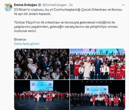 Emine Erdoğan’dan Cumhurbaşkanlığı Çocuk Orkestrası ve Korosu paylaşımı
