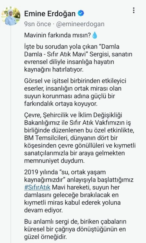 Emine Erdoğan’dan New York’ta açılan &quot;Sıfır Atık Mavi-Damla Damla&quot; sergisine ilişkin paylaşım

