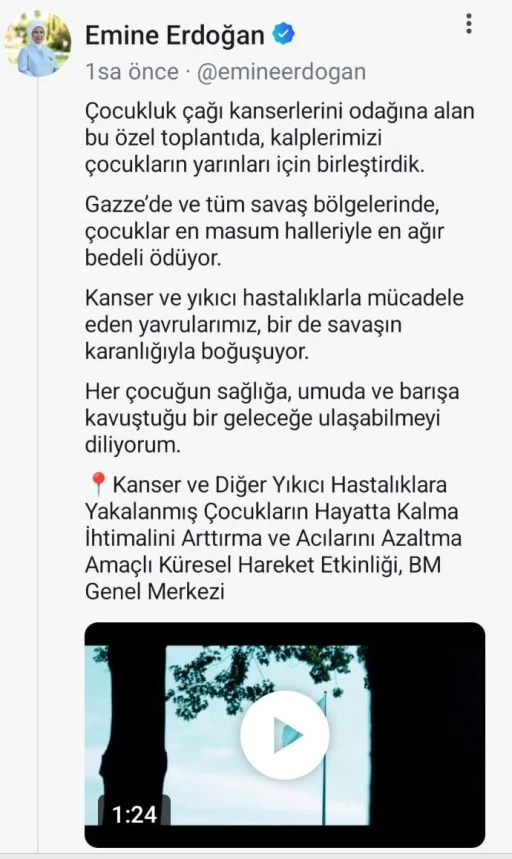 Emine Erdoğan’dan Özbekistan’ın BM’de düzenlediği kanserli çocuklarla ilgili etkinliğe ilişkin video paylaşımı

