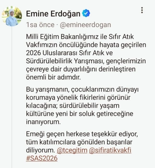 Emine Erdoğan’dan &quot;2026 Uluslararası Sıfır Atık ve Sürdürülebilirlik Yarışması&quot;na ilişkin paylaşım
