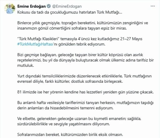 Emine Erdoğan’dan Türk Mutfağı Haftası paylaşımı
