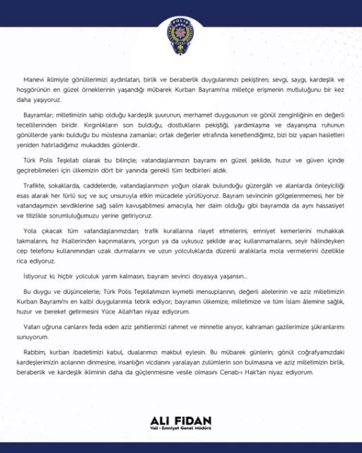 Emniyet Genel M&uuml;d&uuml;r&uuml; Fidan&rsquo;dan "Kurban Bayramı" mesajı
