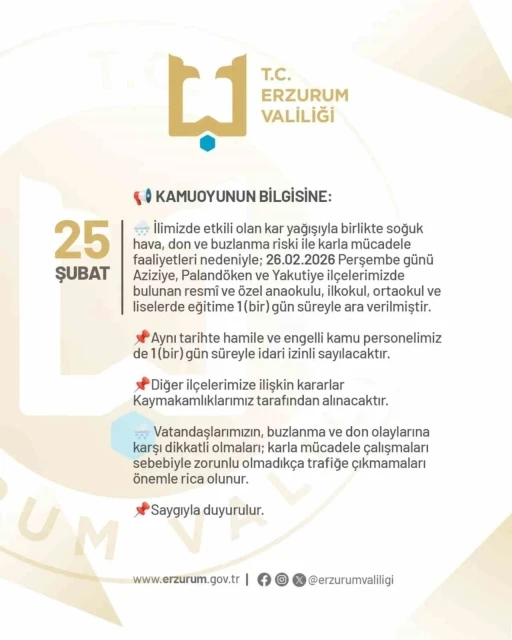 Erzurum&rsquo;da okullara bir g&uuml;n kar tatili
