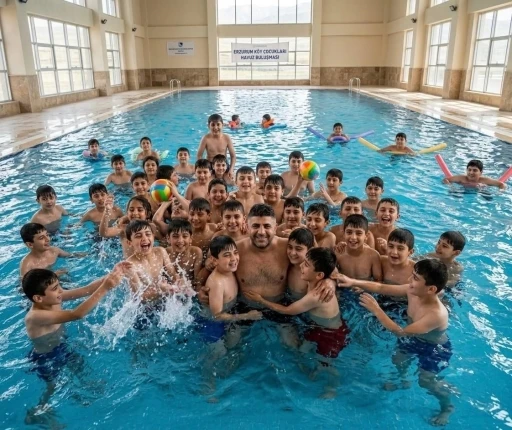 Erzurumlu iş insanından k&ouml;y &ccedil;ocuklarına havuz jesti: 2 bin 500 &ccedil;ocuk ilk kez havuzla buluştu
