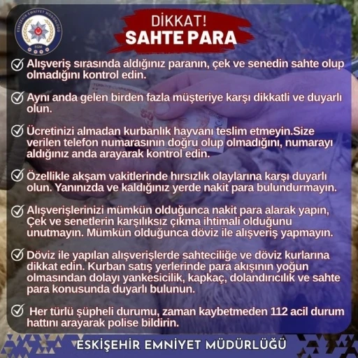Eskişehir Emniyet Müdürlüğü’nden kurban alışverişlerinde dolandırıcılığa karşı uyarı
