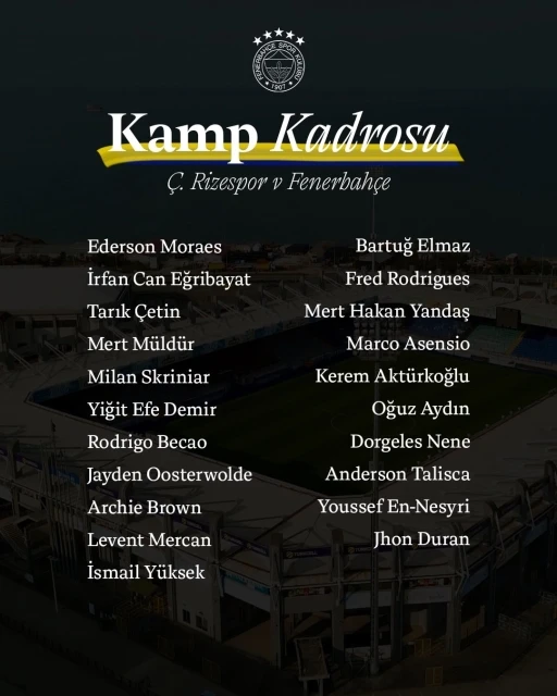 Fenerbahçe’nin Çaykur Rizespor maçı kamp kadrosu belli oldu
