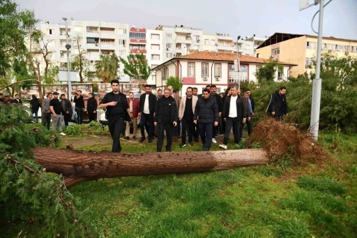 Fırtına sonrası vali, kaymakam ve belediye başkanı b&ouml;lgede incelemede bulundu
