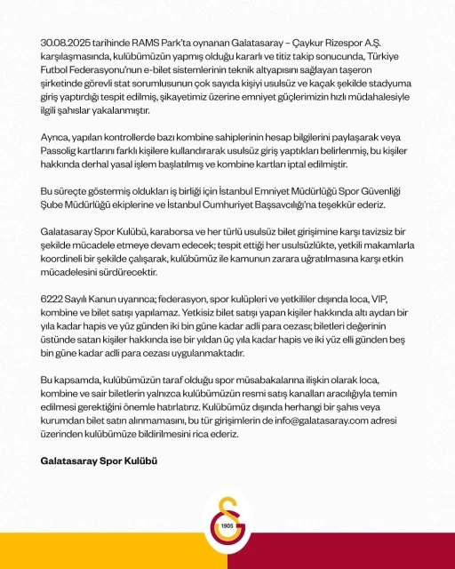 Galatasaray’dan stadyuma usulsüz ve kaçak giriş konusuyla ilgili açıklama
