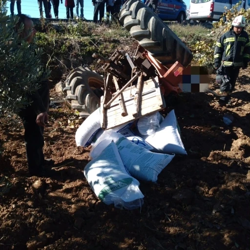 Gübre taşıyan traktör devrildi, sürücü altında kaldı