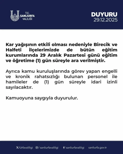 Halfeti ve Birecik&rsquo;te de okullar tatil edildi
