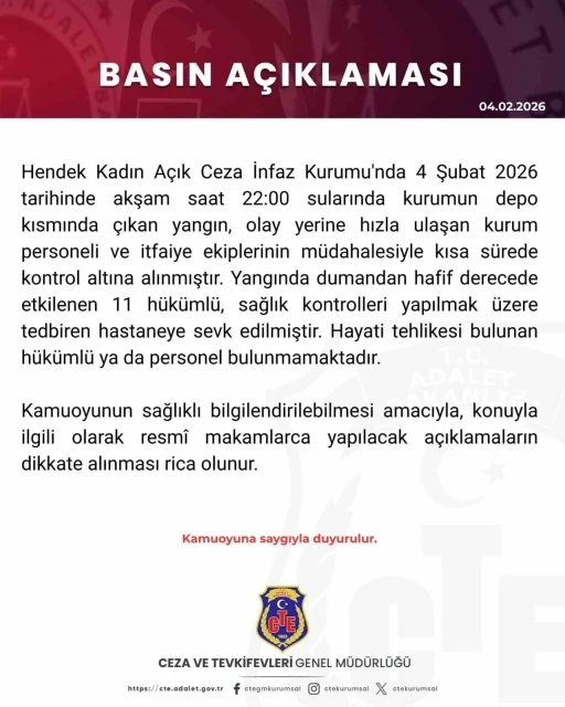 Hendek Kadın Açık Ceza İnfaz Kurumu’nda yangın: 11 hükümlü hafif yaralı
