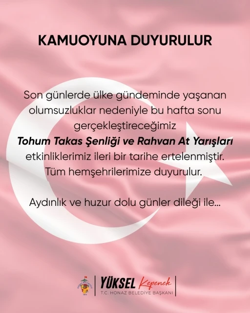 Honaz Tohum Takas Şenliği ve Rahvan At Yarışları, &uuml;lke g&uuml;ndeminde yaşanan olumsuzluklar nedeniyle ertelendi
