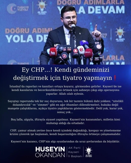 H&uuml;seyin Okandan: "Ey CHP, kendi g&uuml;ndeminizi değiştirmek i&ccedil;in tiyatro yapmayın"
