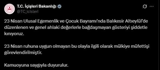 İçişleri Bakanlığı, Balıkesir’de 23 Nisan gösterisindeki görüntülerle ilgili mülkiye müfettişi görevlendirdi
