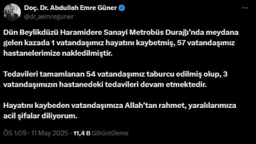 İl Sağlık Müdürü Güner: &quot;Metrobüs kazasında 1 vatandaşımız hayatını kaybetti, 57 vatandaşımız yaralandı&quot;
