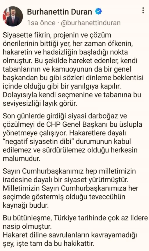 İletişim Başkanı Duran: &quot;Hakaret dilinden Özel’in bir an önce kurtulması gerekiyor&quot;
