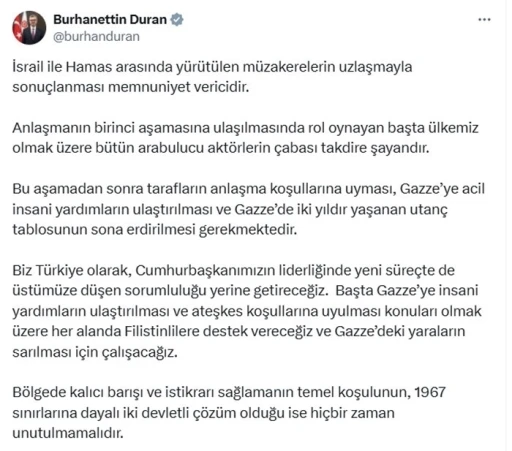 İletişim Başkanı Duran: &quot;İsrail ile Hamas arasındaki uzlaşma memnuniyet verici&quot;
