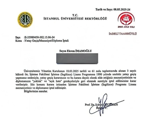 İmamoğlu’nun diplomasının iptali İstanbul Üniversitesi tarafından tebliğ edildi
