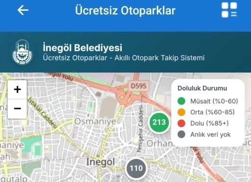 İneg&ouml;l&rsquo;de &uuml;cretsiz otoparkların anlık doluluk oranı artık cebinizde
