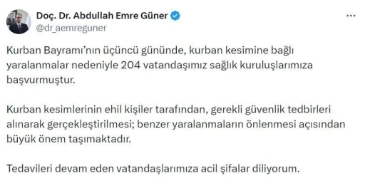 İstanbul İl Sağlık M&uuml;d&uuml;r&uuml; G&uuml;ner: "Kurban Bayramı&rsquo;nın &uuml;&ccedil;&uuml;nc&uuml; g&uuml;n&uuml;nde 204 kişi yaralandı"
