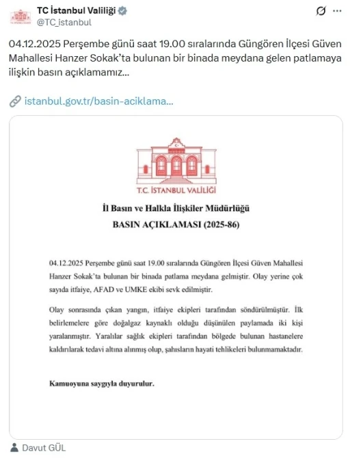 İstanbul Valiliğinden Güngören’deki patlamayla ilgili açıklama: &quot;Doğalgaz kaynaklı olduğu düşünülen patlamada 2 kişi yaralandı&quot;
