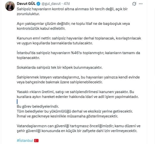İstanbul Valisi Davut G&uuml;l: "Sahipsiz hayvanların y&uuml;zde 46&rsquo;sı toplanmıştır; kalanların tamamı da toplanacaktır"

