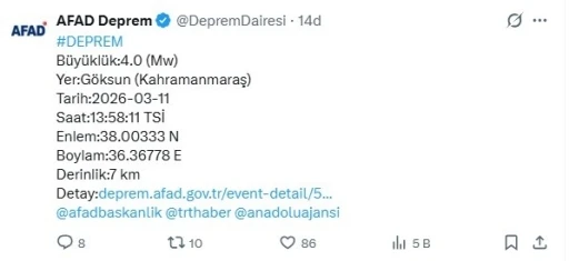 Kahramanmaraş&rsquo;ta 4 b&uuml;y&uuml;kl&uuml;ğ&uuml;nde deprem
