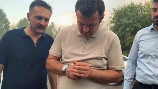 Karabük Belediye Başkanı Çetinkaya, yangında etkilenen serçeye elleriyle su verdi
