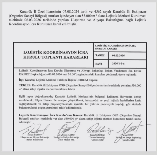 Karab&uuml;k Lojistik Merkezi projesi onaylandı
