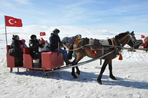 Kars &Ccedil;ıldır G&ouml;l&uuml;&rsquo;nde d&ouml;rtnala atlı kızak safarileri nefes kesiyor

