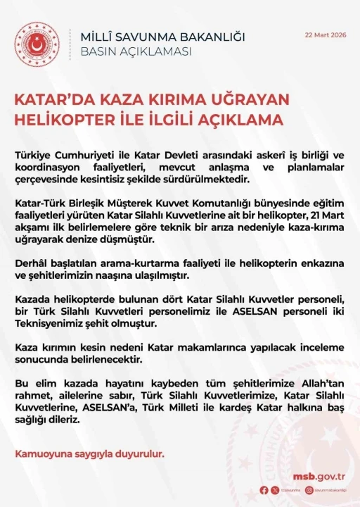 Katar&rsquo;da askeri helikopter kazası: 3 T&uuml;rk personel şehit
