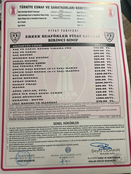 Kayseri&rsquo;de berber &uuml;cretlerine zam
