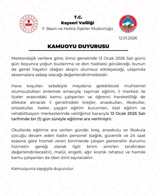 Kayseri&rsquo;de eğitime 1 g&uuml;n ara verildi
